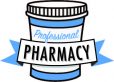 Graphic that says "professional pharmacy" over a blue and white cartoon pill bottle.